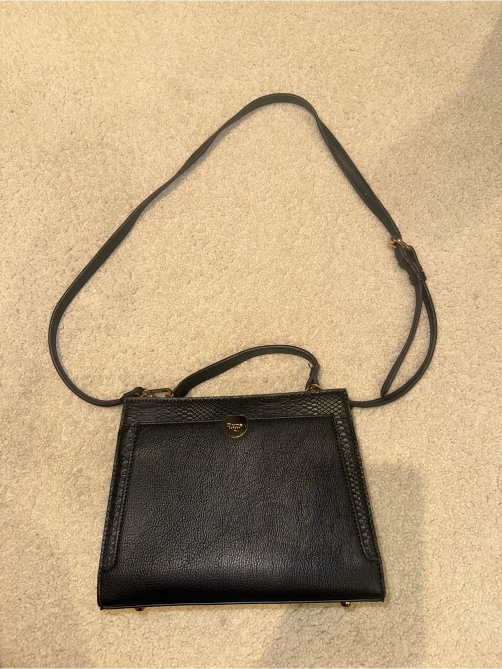 Dune London Black Leather Crossbody Top-Handle Bag with Gold Accent